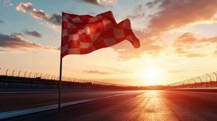 A red racing flag waving in the wind at a dramatic sunset finish line