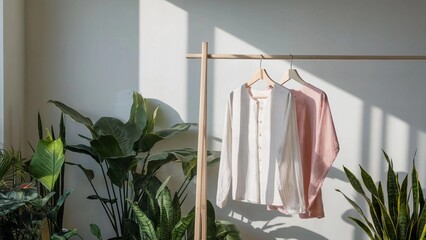 Eco-Friendly Bamboo Shirts Hanging Among Indoor Greenery - Sustainability in Fashion