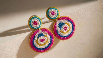 Vibrant Pink and Turquoise Beaded Earrings with Intricate Patterns - Artisanal Design