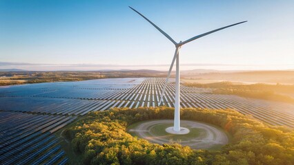 Wind Turbine and Solar Panels in a Scenic Landscape - Symbol of Carbon Neutrality