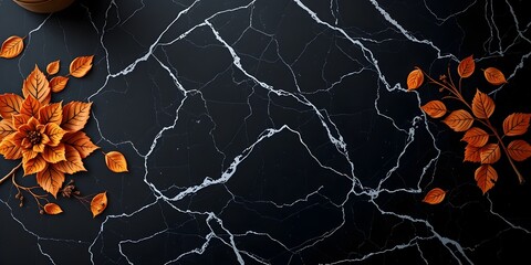 stock photo overhead view of elegant black marble with intricate floral design, ample blank space. Gentle soft light, diffused shadows, subtle illumination, electric vivid colors. 