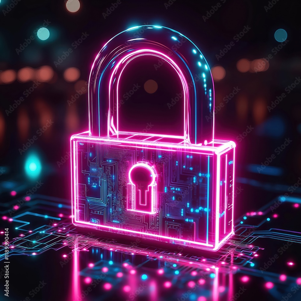Poster digital padlock with circuit board design. neon pink, blue lights. cybersecurity concept for protect
