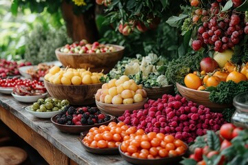 A vibrant display of fresh fruits and vegetables in wooden bowls.