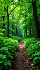 Fototapeta premium Dense green foliage surrounds a winding dirt path, nature, forest floor