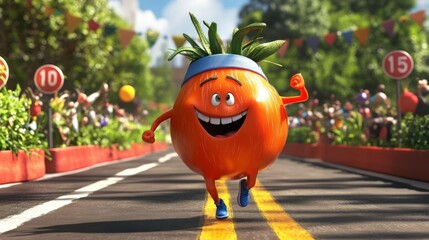 Cartoon tomato character running a race, surrounded by cheering crowd. (3)