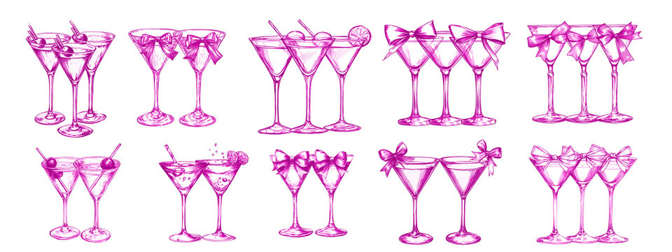 Champagne bachelorette party. Champagne party set cute alcohol beverage. Feminine pink celebration cocktail drink, aesthetic Valentine day date, wedding. Ai generative