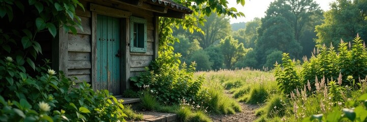 Fototapeta premium Desolate landscape with weathered wooden door and overgrown garden, stillness, disability invisible chronic illness mental health isolation nature