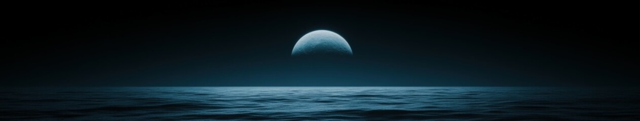 Soft blue light illuminates ocean waves under a crescent moon at twilight