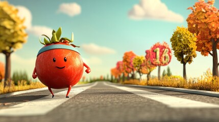 Cartoon tomato character, running on a road, autumnal trees background, healthy lifestyle.