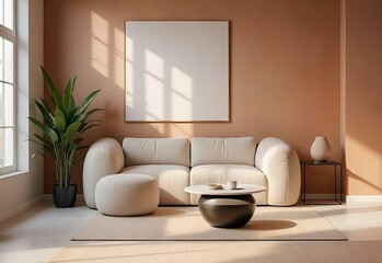 Minimalist, japandi style interior design of modern living room. Sofa and round pouf near stucco wall with blank mock up frame.