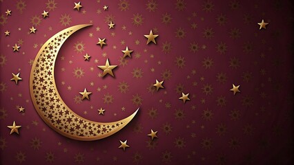 Naklejka premium Minimalist Maroon Ramadan Background with Gold Crescent Moon and Scattered Stars for Modern Designs 