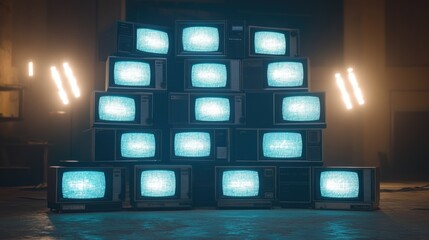 Stack of vintage TVs showing static in a dark room with neon lights.