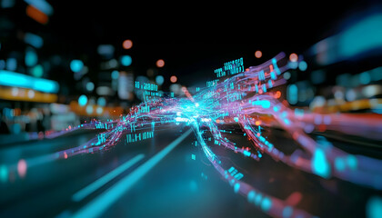 Data streams flow on a city road at night; futuristic technology concept for websites or presentations