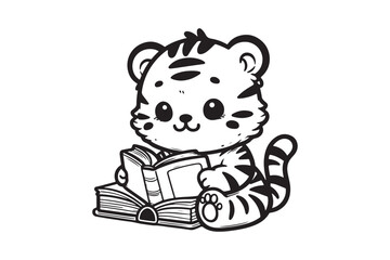 Cute Baby tiger Reading Book Cartoon outline 