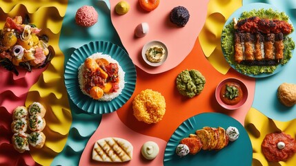 Fototapeta premium bold and colorful layout featuring dynamic overlapping shapes that mimic textures of exotic world cuisines leaving