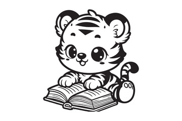 Cute Baby tiger Reading Book Cartoon outline 