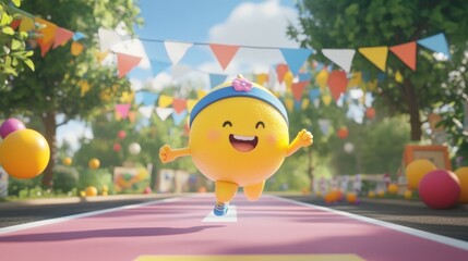 Cheerful, cartoon character running on a vibrant, festive track.