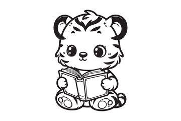 Cute Baby tiger Reading Book Cartoon outline 