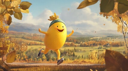 Cheerful lemon character running outdoors in autumn scenery.
