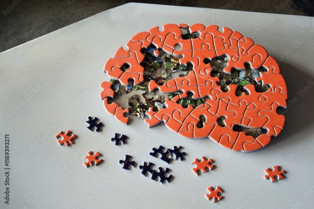 Poster brain-shaped puzzle partially assembled on clean table with pieces scattered around symbolizing comp