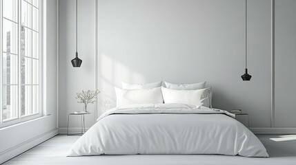 Serene Minimalist Bedroom:  Crisp White Bedding, Elegant Lighting, Tranquil Mood