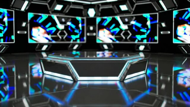 futuristic background with a hexagonal podium, creating a modern and sleek