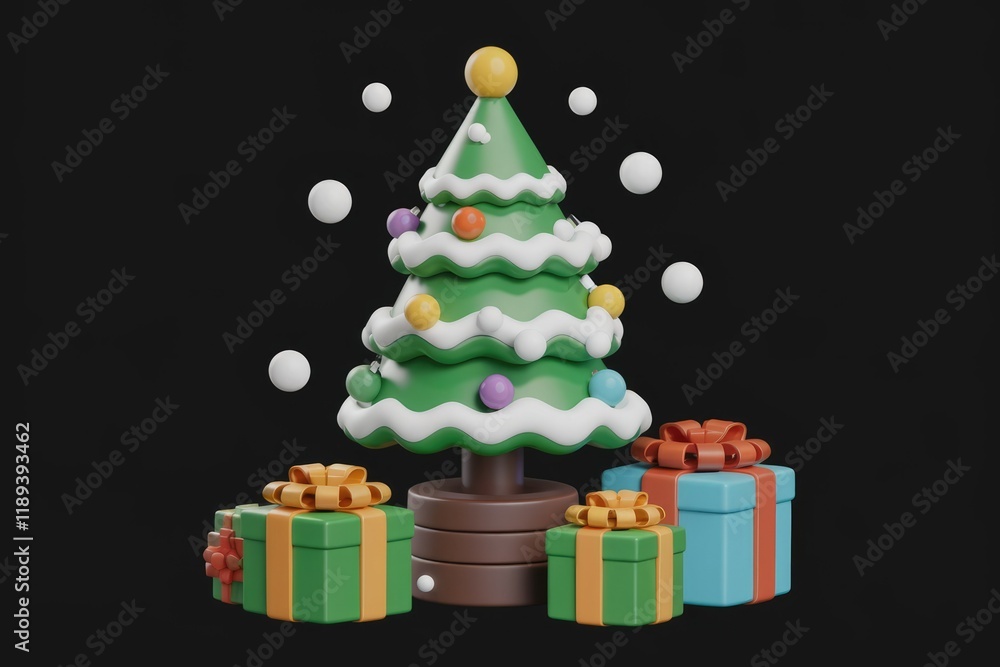 Poster a 3d-rendered cartoon christmas tree adorned with colorful ornaments and surrounded by presents.