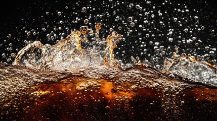 Close-up of fizzy beverage with bubbles and splashes against a dark background.