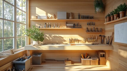 bright modern woodworking space with compact bench clean tools and natural light highlighting area