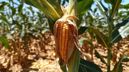 Close-up of a corn cob on a stalk in a field.  Dried corn kernels visible within the husk.  Sunny, agricultural scene.