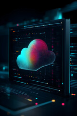Digital cloud computing data storage server screen display; futuristic background, ideal for technology websites