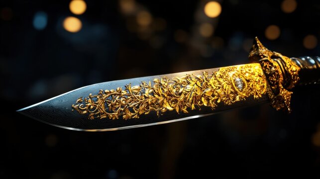 A sharp blade with intricate golden etching, glowing faintly