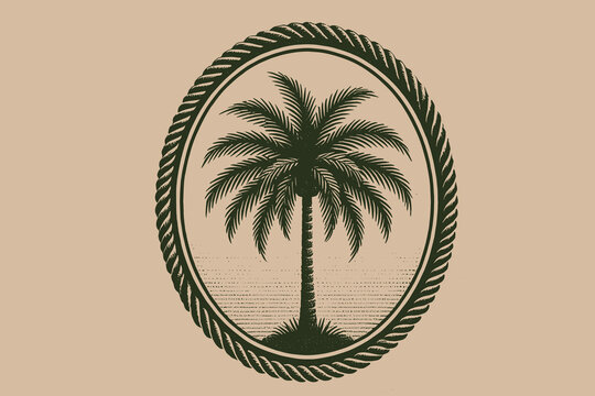 Vintage black and white palm tree in oval frame with rope border