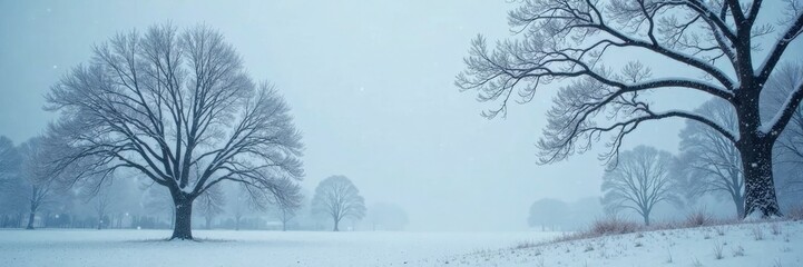 Fototapeta premium Frosted tree branches stretching towards grey sky, snowflakes, snow-covered, frosty atmosphere