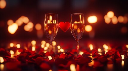 Two champagne glasses capturing the dynamic splash of liquid, illuminated by golden light against a dark gradient backdrop.
