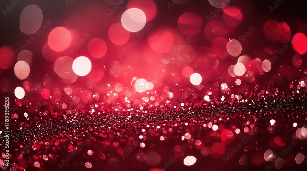 Poster red abstract background with glittering hearts and bokeh effect