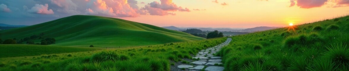 Obraz premium Gentle slope of a green meadow at dusk with a stone path, landscape, hill, stone path