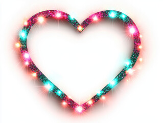 Fototapeta premium Glittering heart frame with glowing pastel pink and teal lights, creating magical vibe