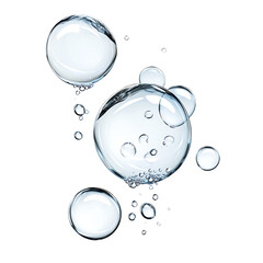 Crystal clear water bubbles floating on a transparent background, perfect for creative designs, advertisements, and refreshing themes in visual projects.