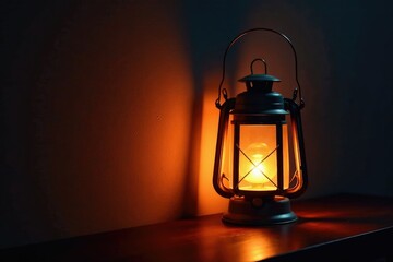 Glowing lantern casts a warm glow on the wall, dark background, warm ambiance