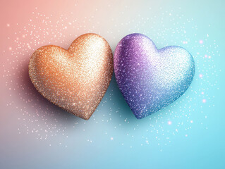 Fototapeta premium Glittering hearts in radiant lavender and coral hues with sparkling background