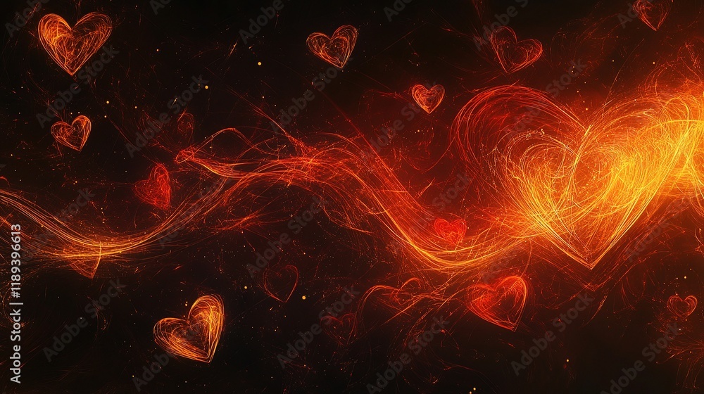 Poster intertwined hearts with swirls and dynamic lines background