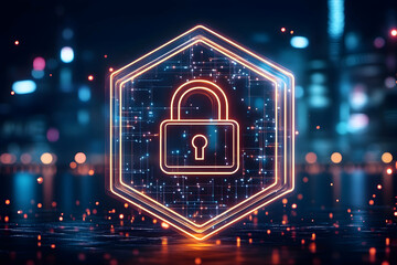 Digital lock security in glowing hexagon over city night. Cybersecurity concept for website banner