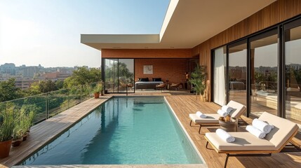 Fototapeta premium Luxurious infinity pool with stunning city view during a sunny day