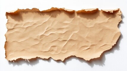 Beige torn paper piece with crumpled texture. Ripped edges create vintage aesthetic. Light beige color gives subtle antique look. Flat lay on white background. Paper shows creases, shadow. Suitable