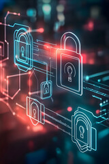 Digital security network, glowing padlocks, abstract background, data protection concept, website header