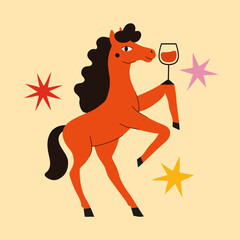 Vector illustration with red horse with wine or any alcohol glass and colored stars. New Year celebration 2026 print design with farm animal, greeting card template, party advertise poster