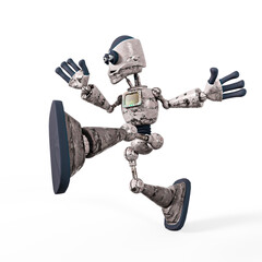 rusty cartoon robot is walking in white background on side view