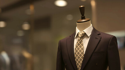 Maroon Suit and Beige Patterned Tie on Mannequin