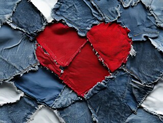 A red heart is in the middle of a patchwork of blue jeans